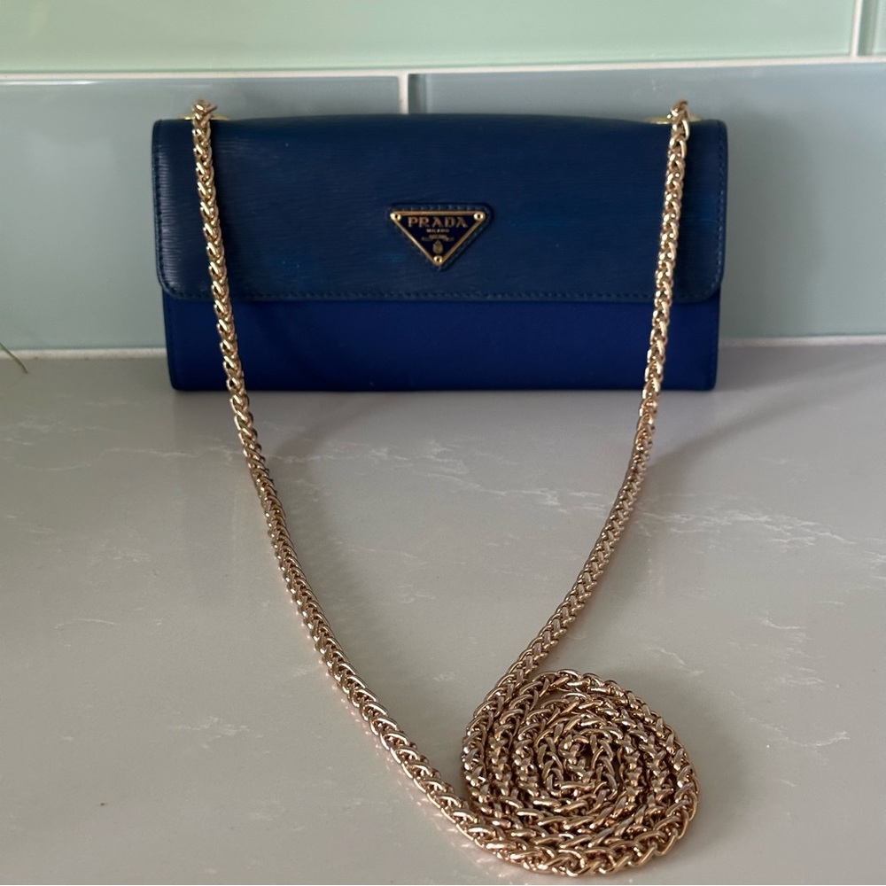 Prada Blue Wallet with Gold Chain